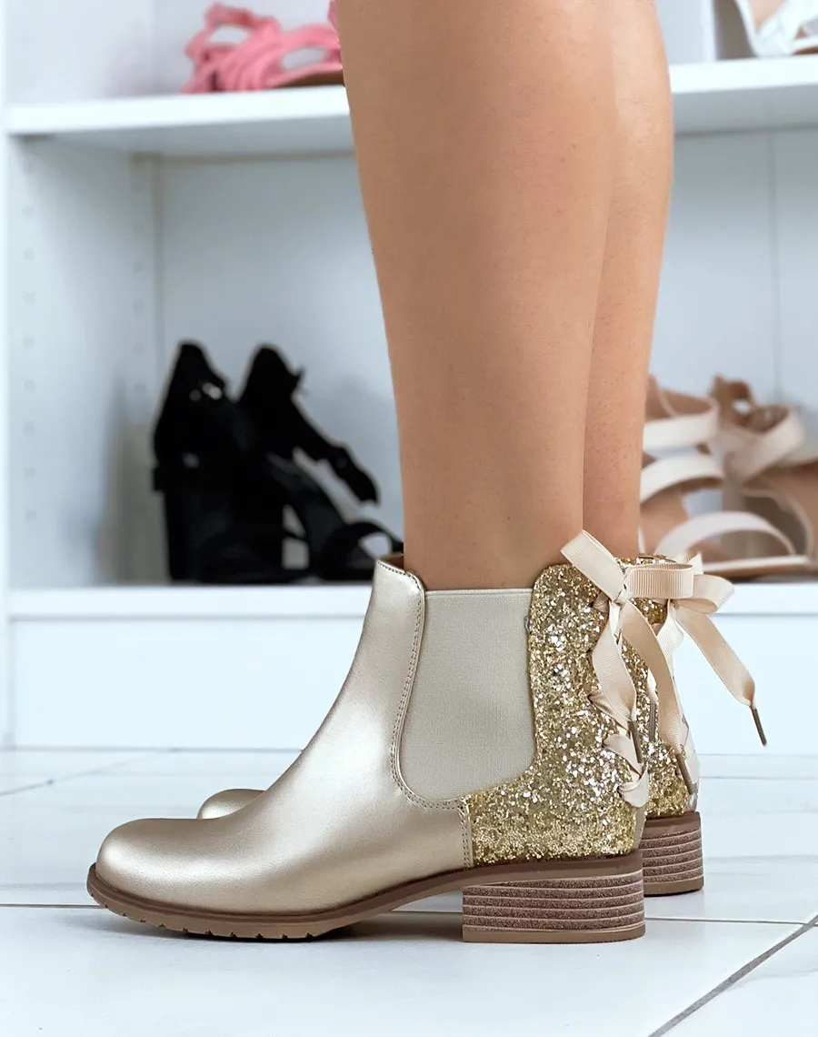 Chelsea boots basses dorées à paillettes et noeud