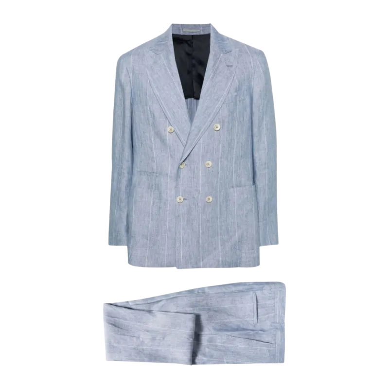 Costume boutonnière croisée lin bleu fines rayures
