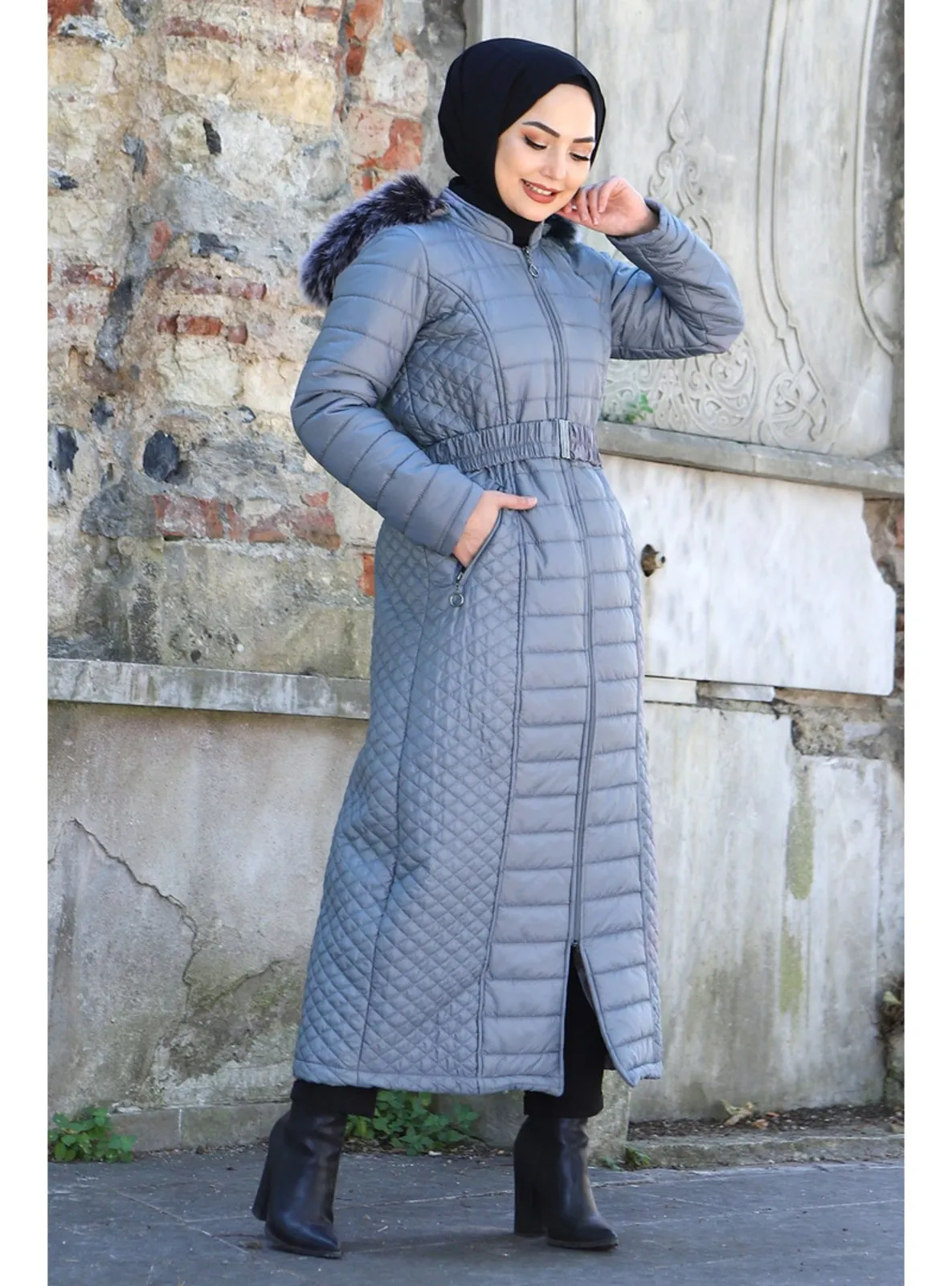 Full Length Quilted Coat Tsd1931 Gray