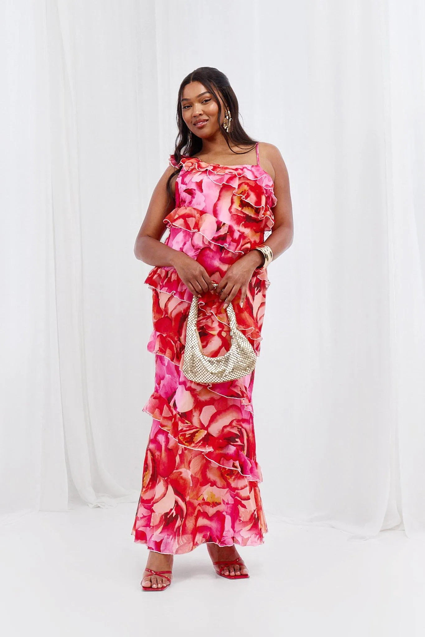 Grande taille - Robe asymétrique longue fleurie à volants