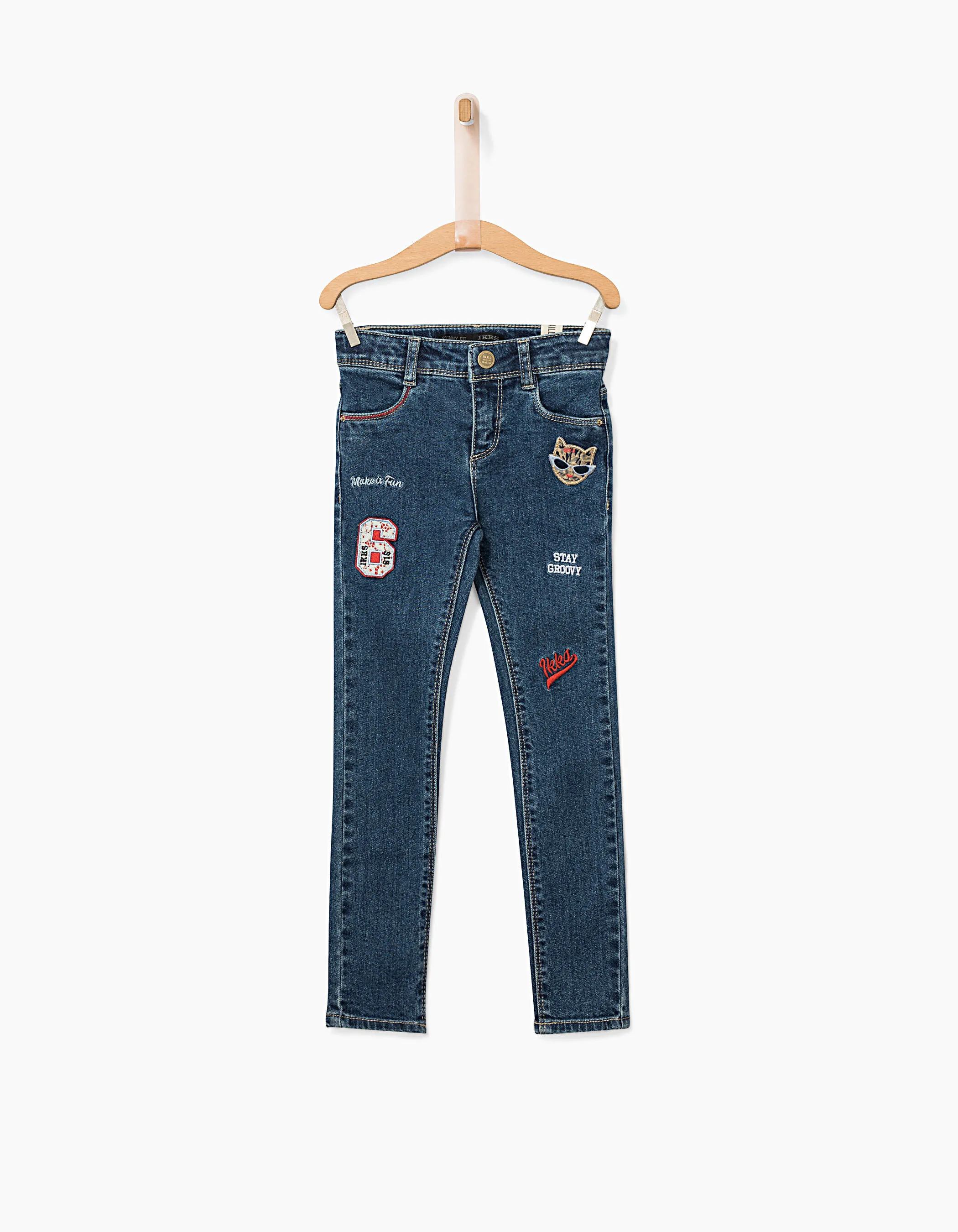 Jean skinny stone blue patchs et broderies fille