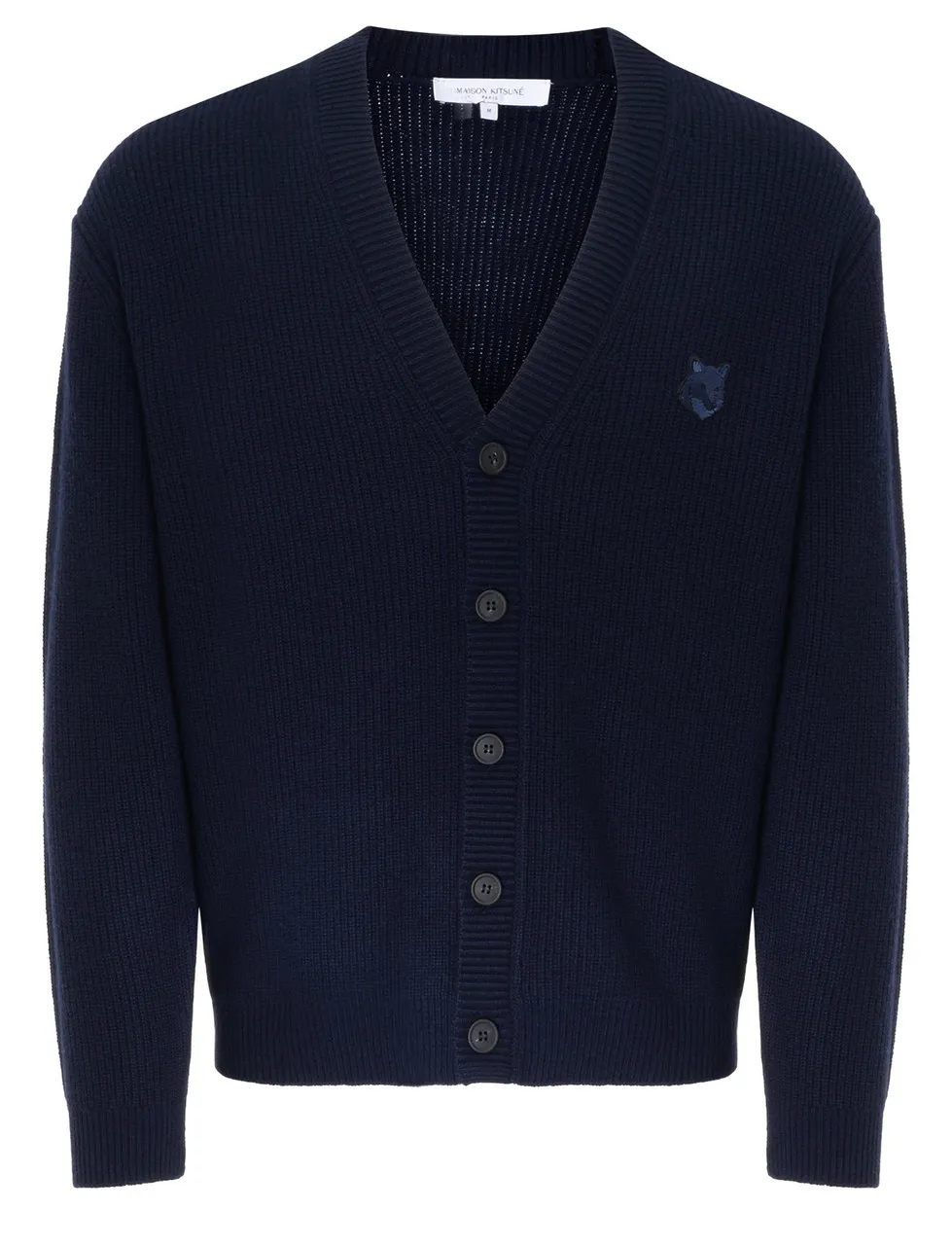 Maison Kitsuné Cardigan Comfort en laine côtelée bleue