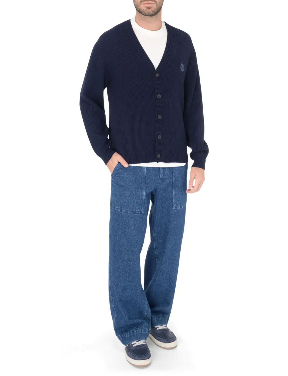 Maison Kitsuné Cardigan Comfort en laine côtelée bleue