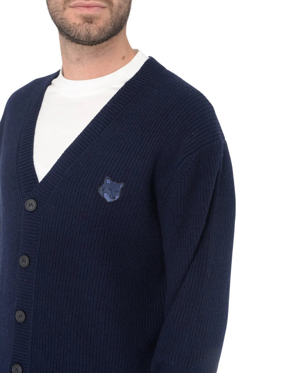 Maison Kitsuné Cardigan Comfort en laine côtelée bleue
