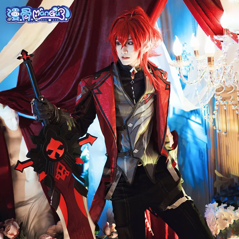 Mangu original dieu diluc cos costume mond noble fils yin hong jeu de nuit finale costume d'anime ensemble complet de costume c 