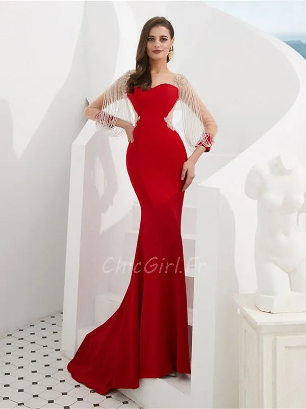 Robe De Soirée Sirène Manche Longue Rouge Satin Avec Frange
