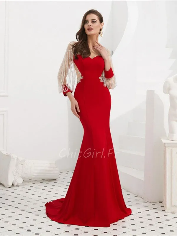 Robe De Soirée Sirène Manche Longue Rouge Satin Avec Frange