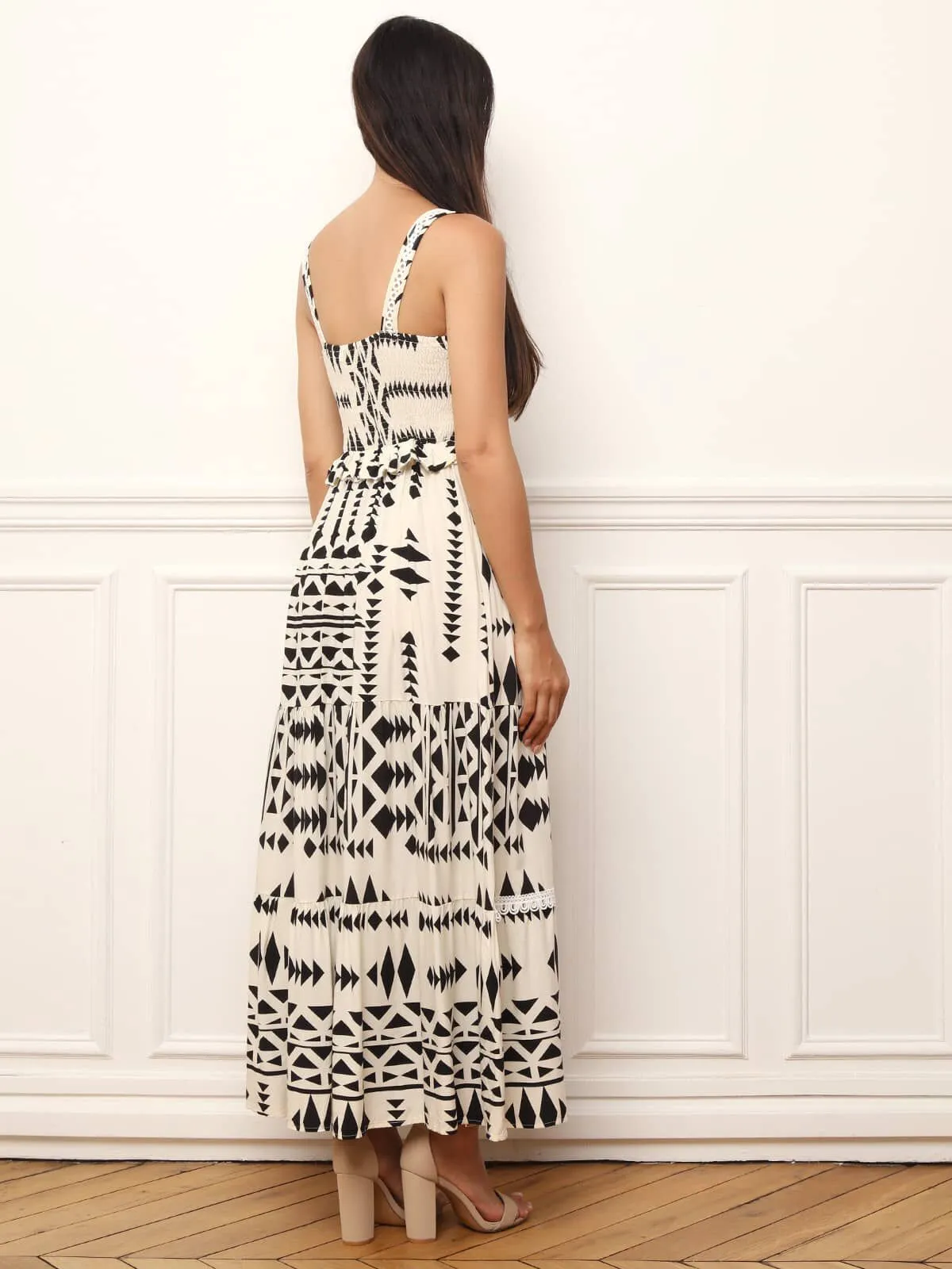 Robe longue à motif ethnique- Noir