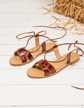 Sandales plates Zoé - Cuir croco marron