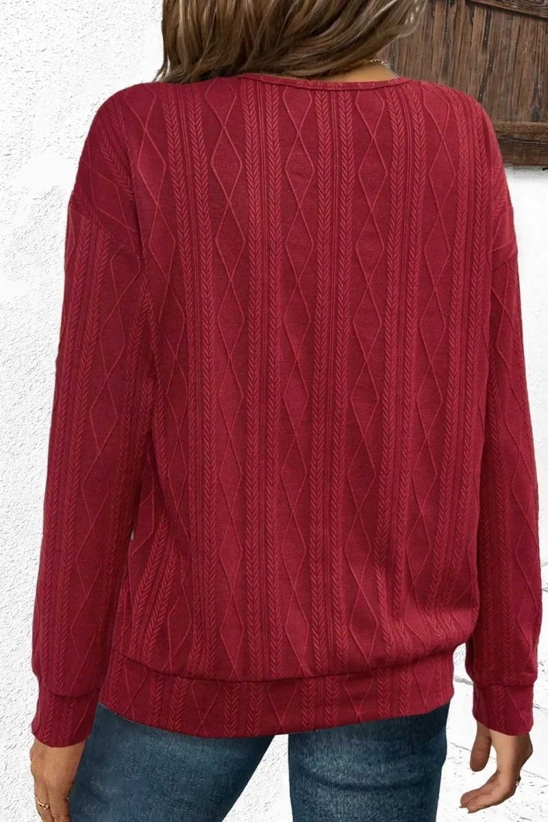 Sweat-shirt à manches longues en jacquard bordeaux à col en V
